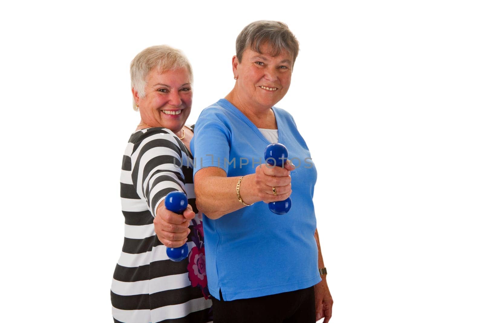 Senior women with dumbbells - isolated on white background