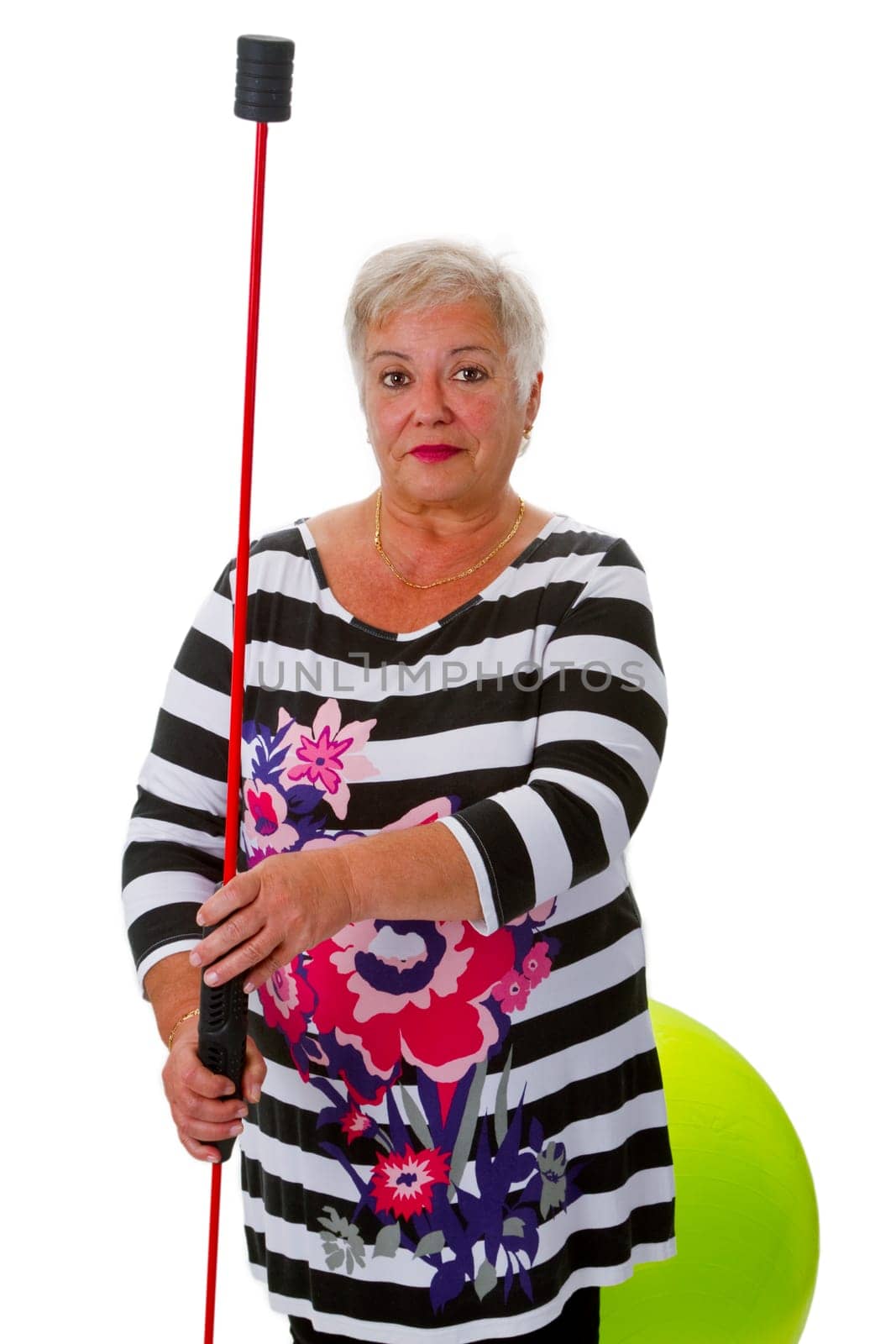 Senior woman with swinging stick and exercise ball - isolated on white background