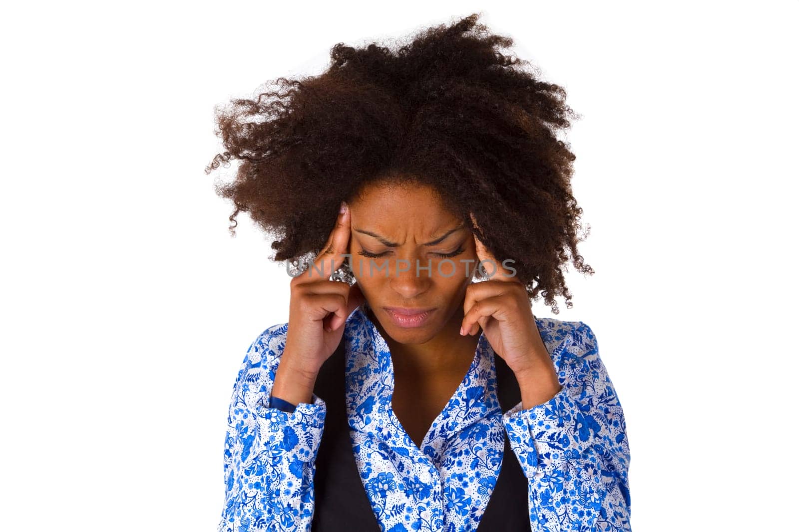 Young African American woman holding hands to her temples - isolated on white background