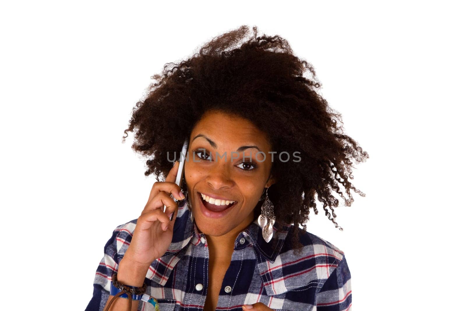 Young african american woman using smartphone - clipped on white background