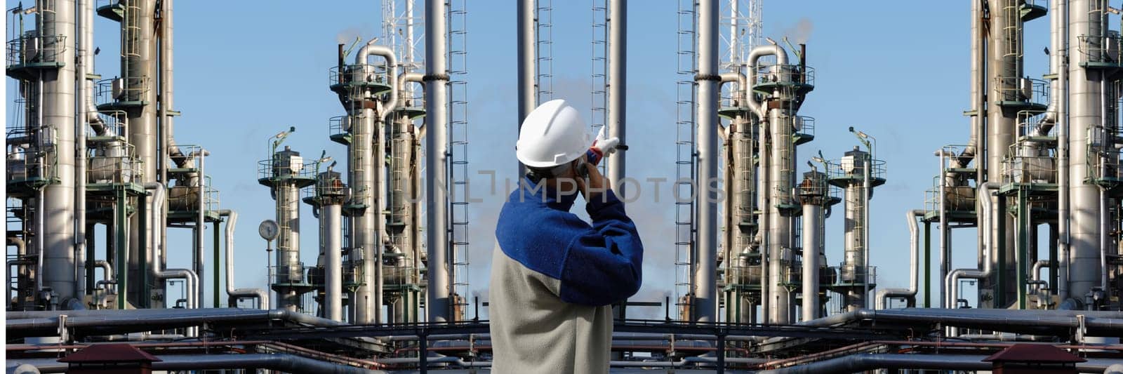 engineer, oil-worker pointing at giant oil and gas refinery, panoramic mirror image