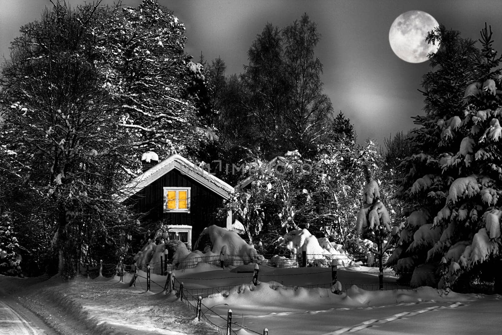 old cottage draped in winter and snow, full-moon hovering at the horizon, scenery from sweden