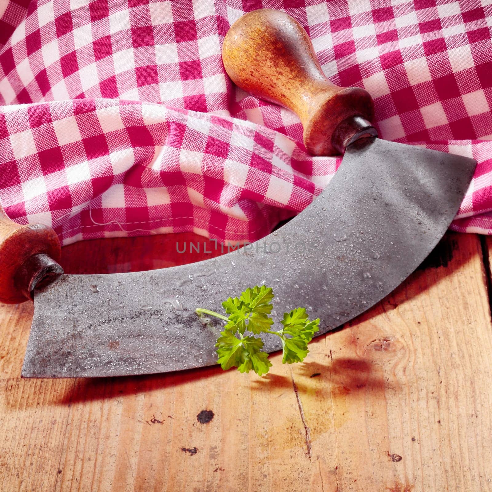 Modern herb cutter (wiegemes) with wooden handles with a sprig of parsley against a red gingham cloth.