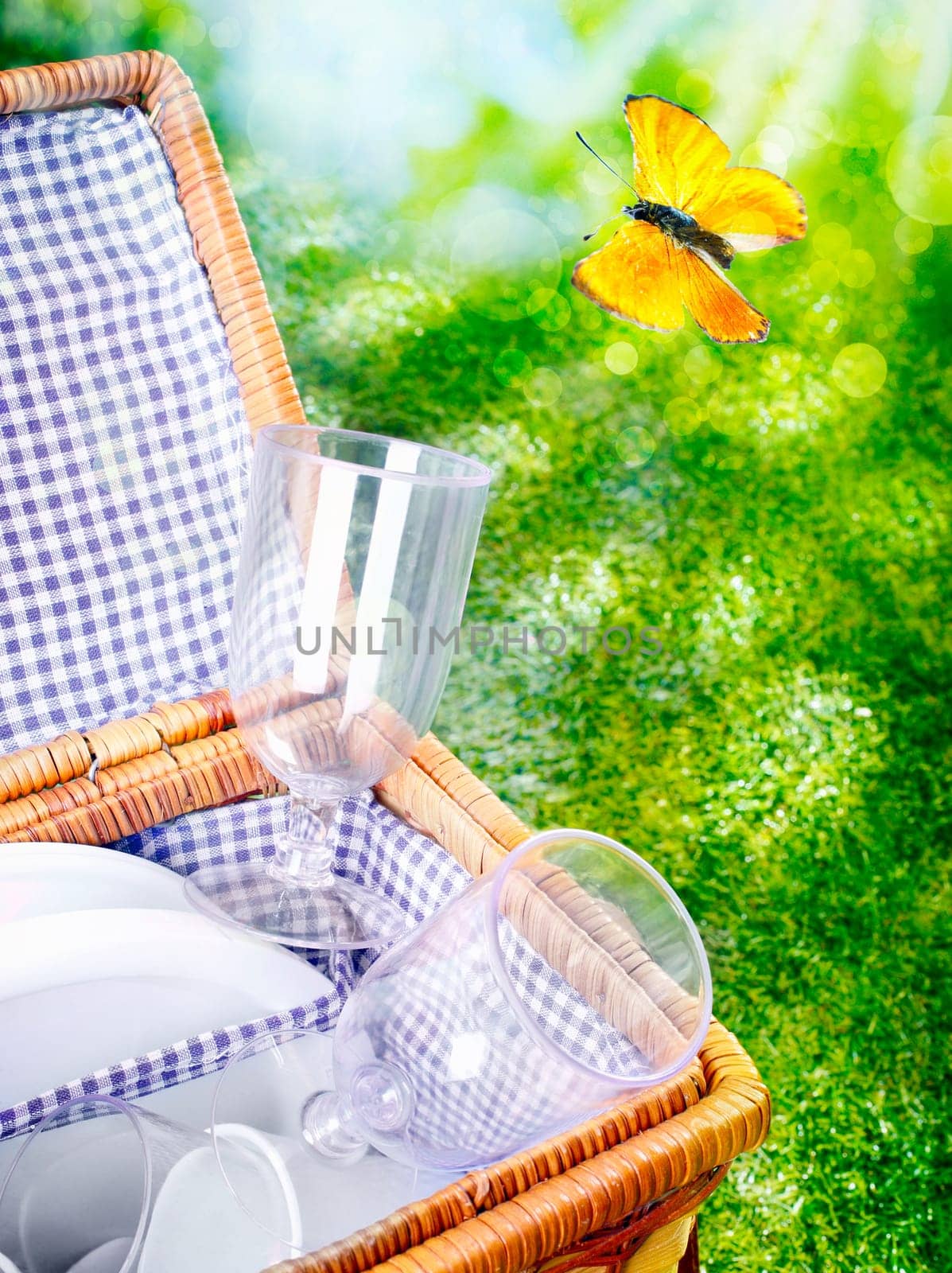 Open picnic basket lined with fresh blue and white checked fabric against lush spring or summer greenery with a colourful orange butterfly flying past