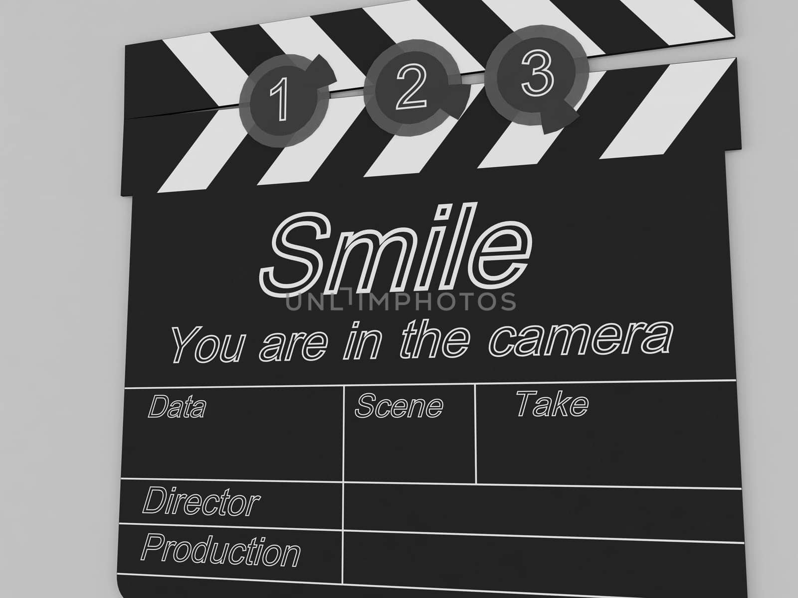 Movie production clapper board notifying to the people that smile you are in the camera