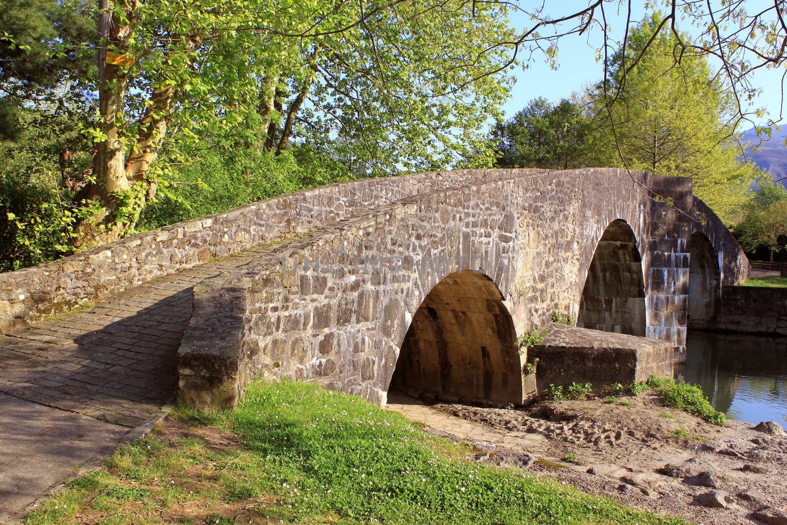 panorama of an ancient bridge over water in a landscape of nature