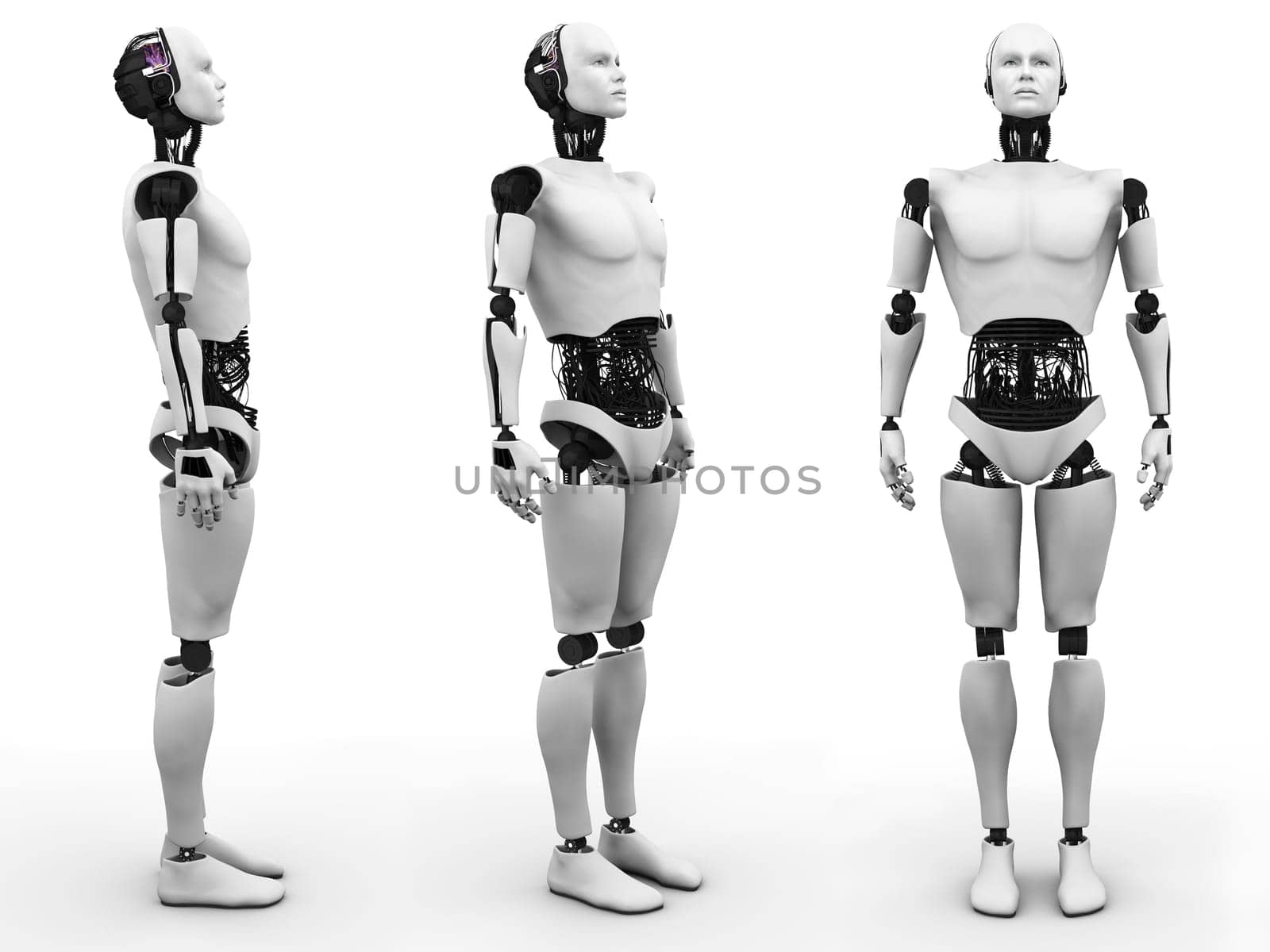 Male robot standing, a view of it from three different angles. White background.