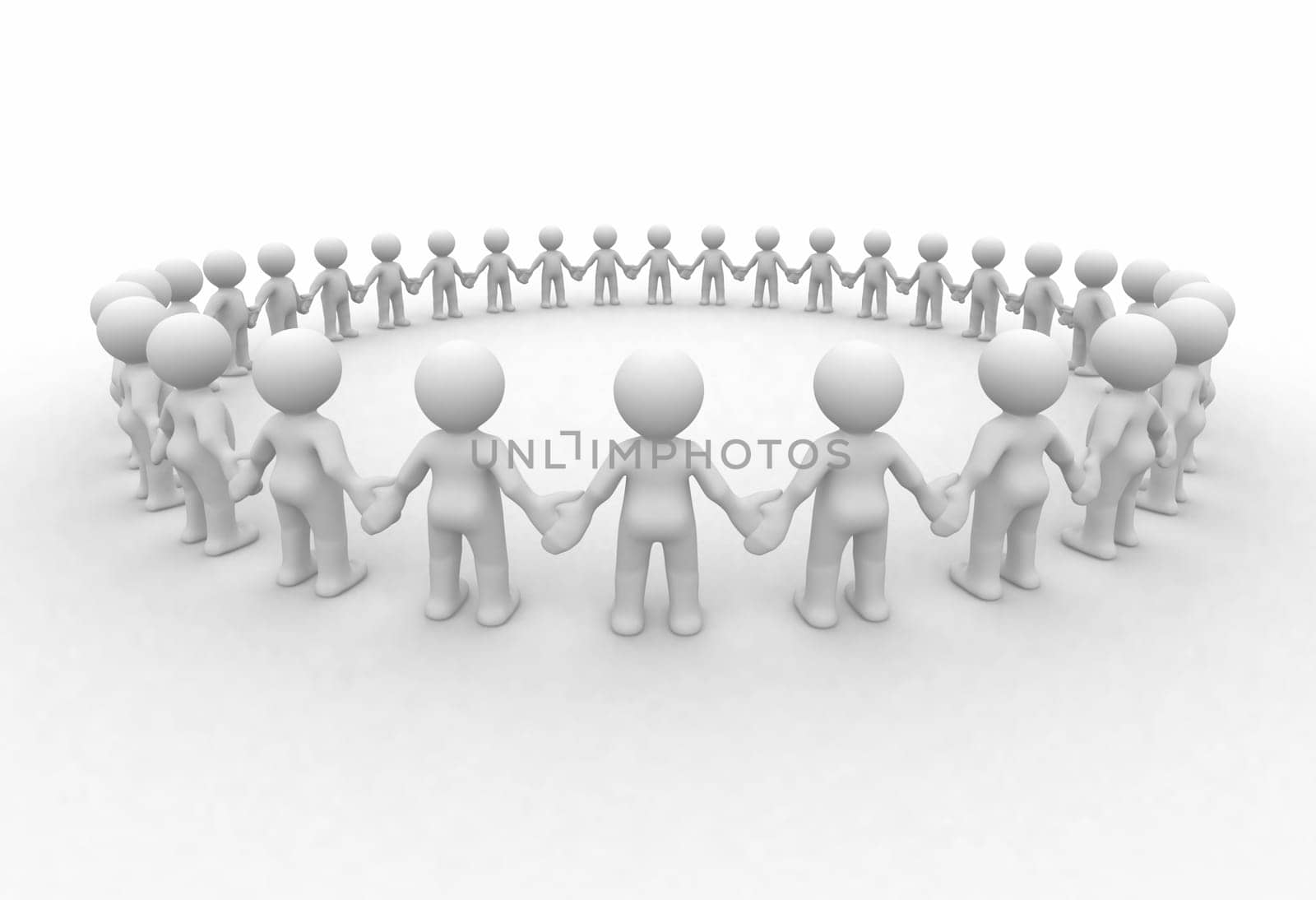 many 3d humans hand to hand in a circle