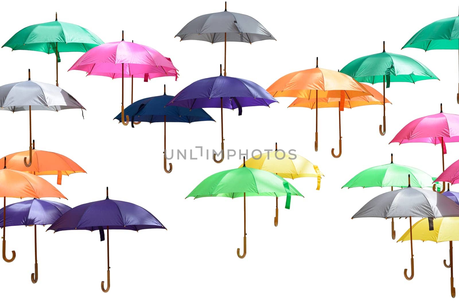 Many colorful umbrellas isolated on white background.