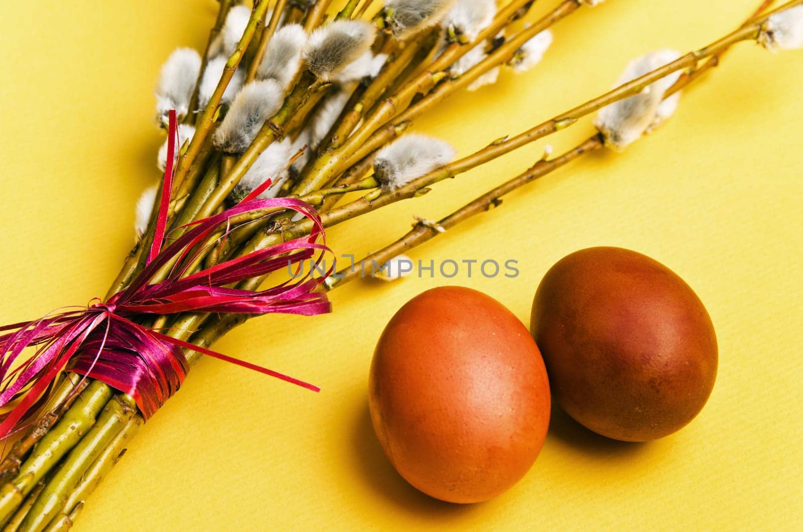 bunch of willow branches and two Easter eggs