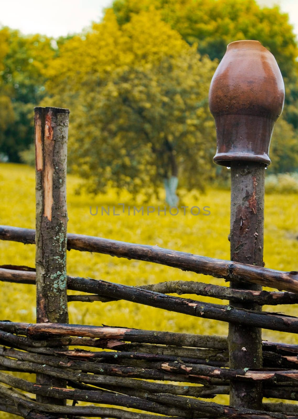 pot on wooden farm fence with grass and tree in background
