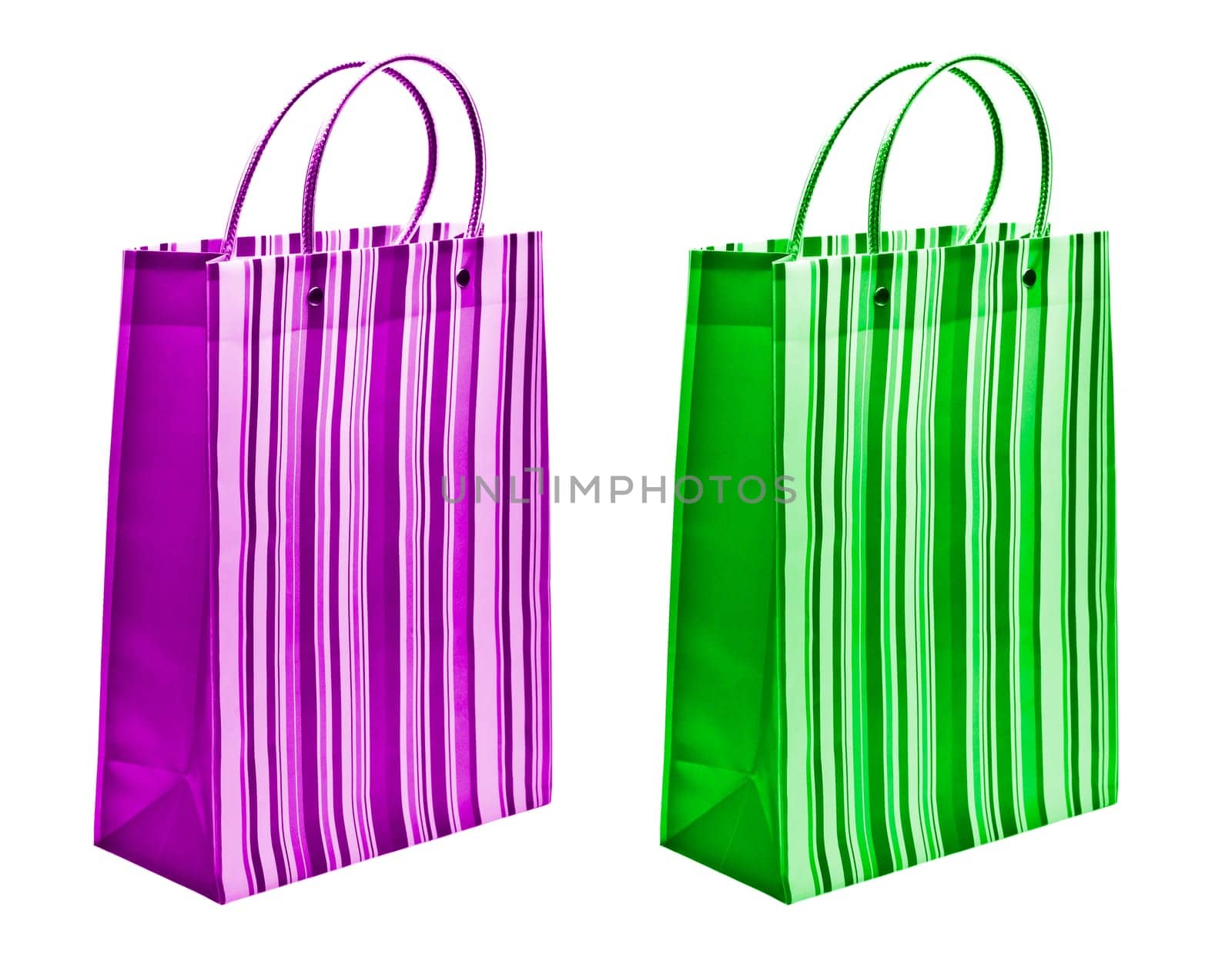 two packets of green and magenta color isolated on white background