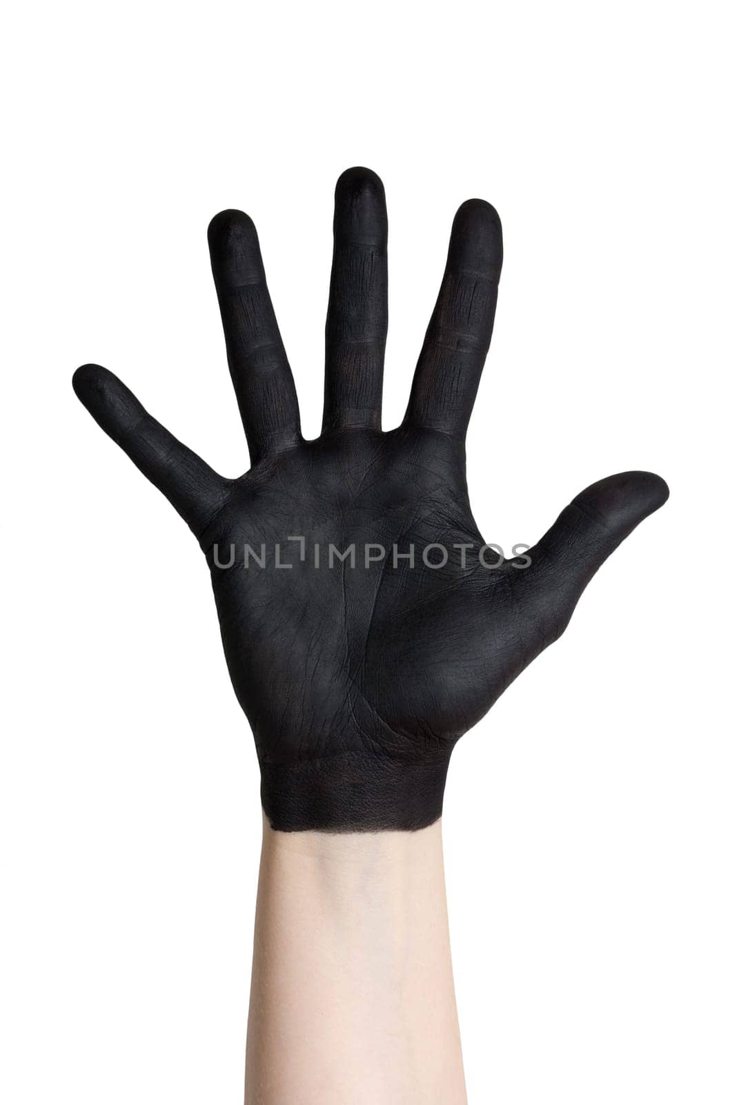 a black painted hand isolated on white