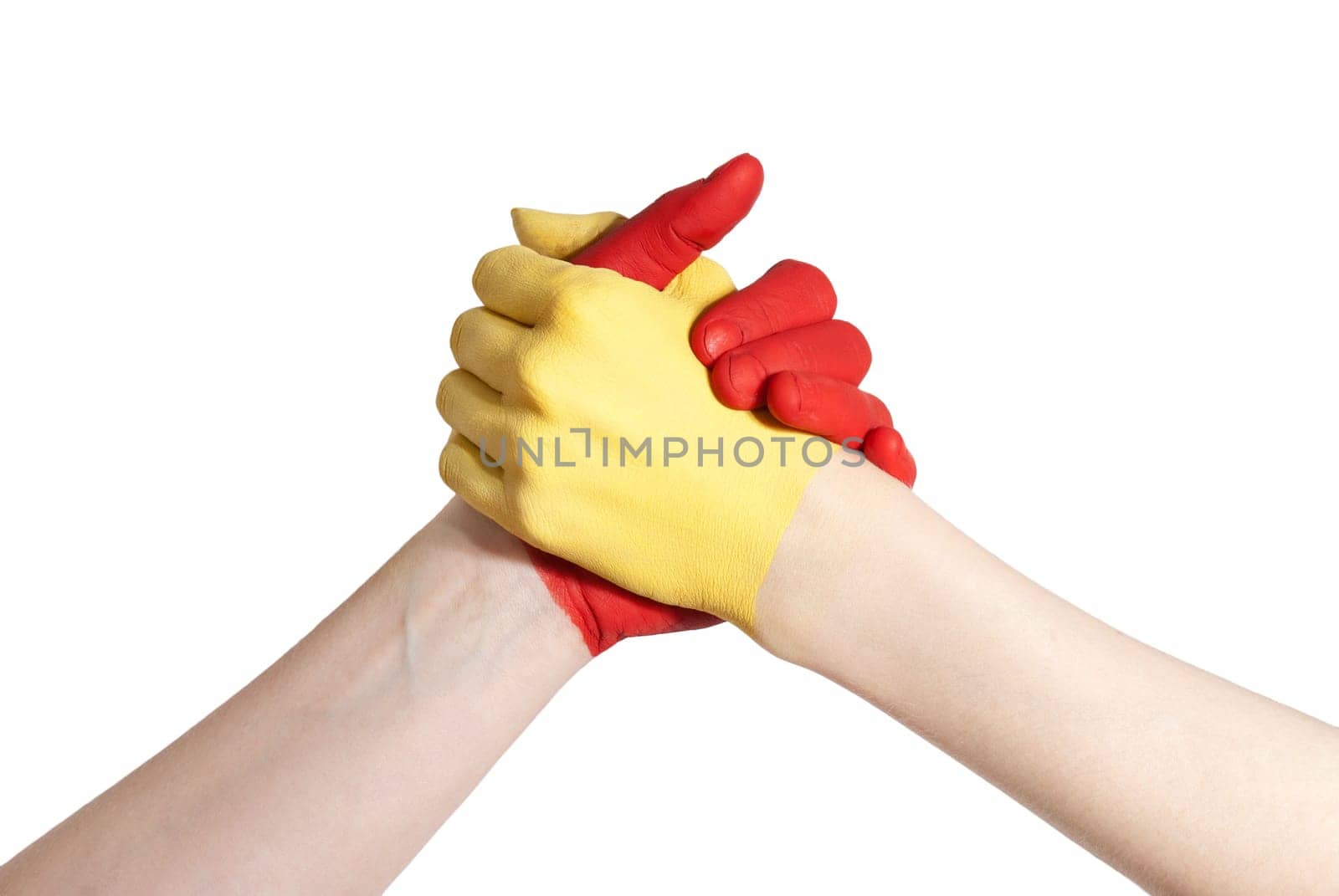 a yellow and a red hand competing or working together, isolated