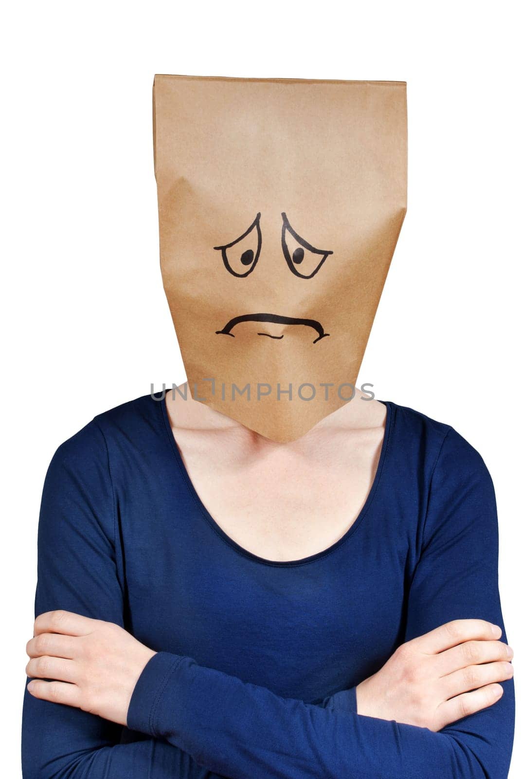 a very sad looking person with paper bag on its head, isolated