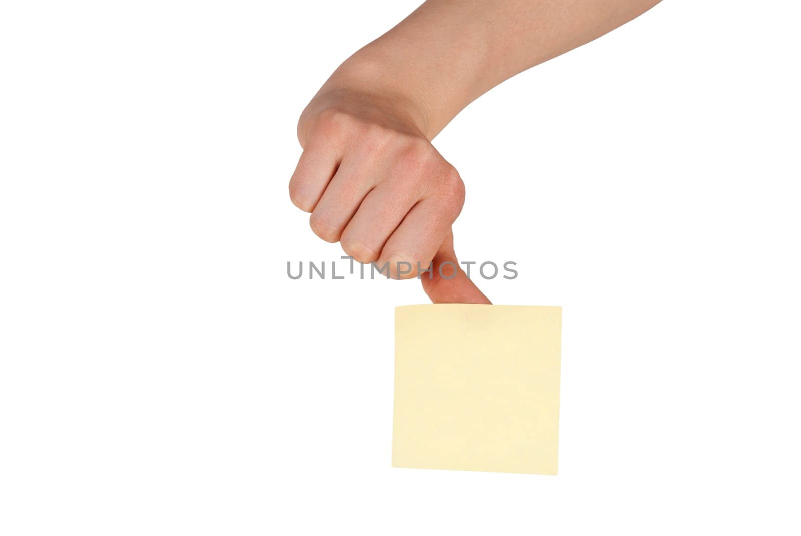 a hand holding a ticket on its thumb, isolated