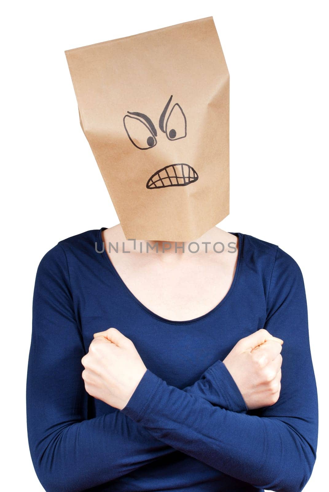 a angry looking person in self defence gesture, isolated