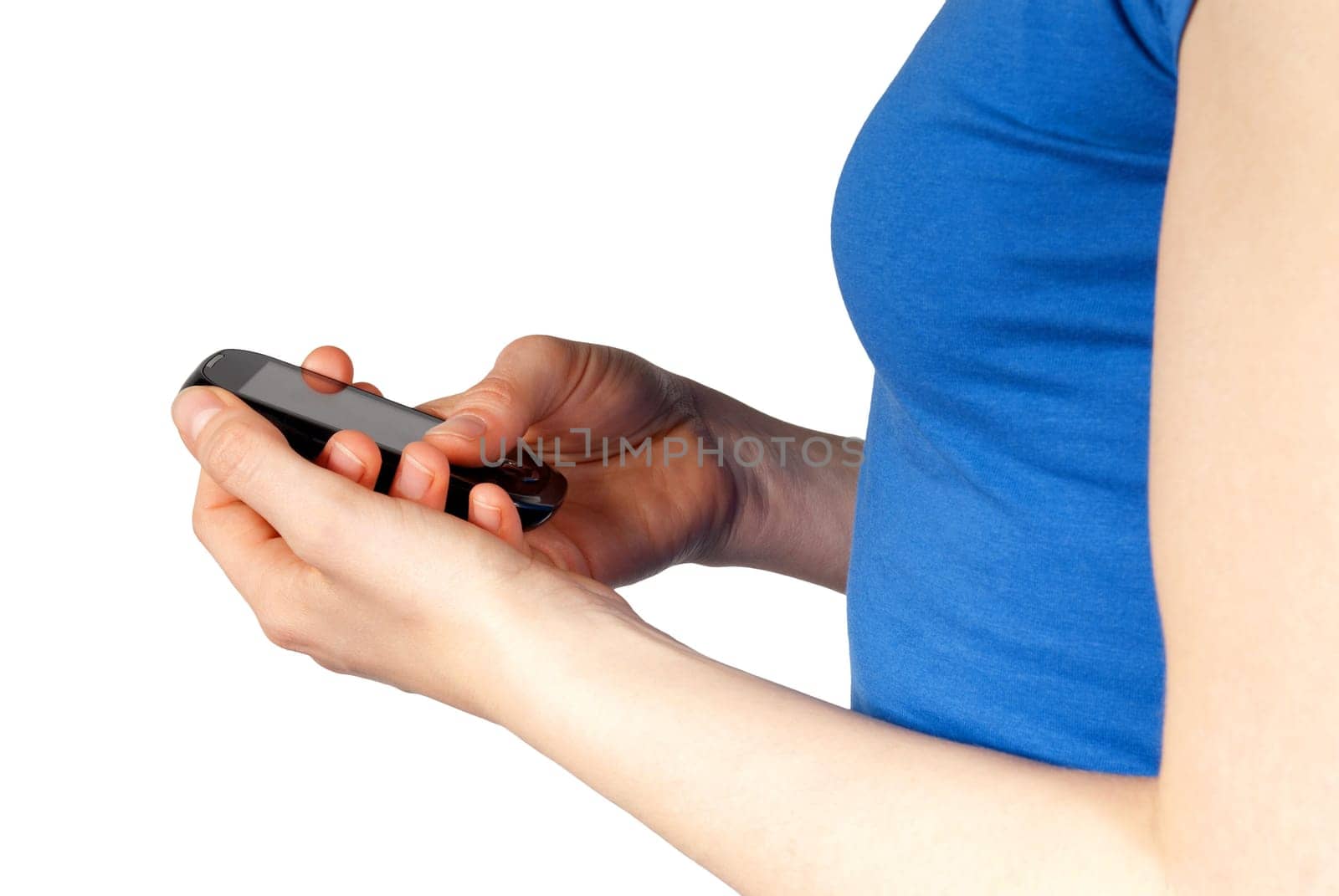 a woman holding a smartphone in her hands, isolated