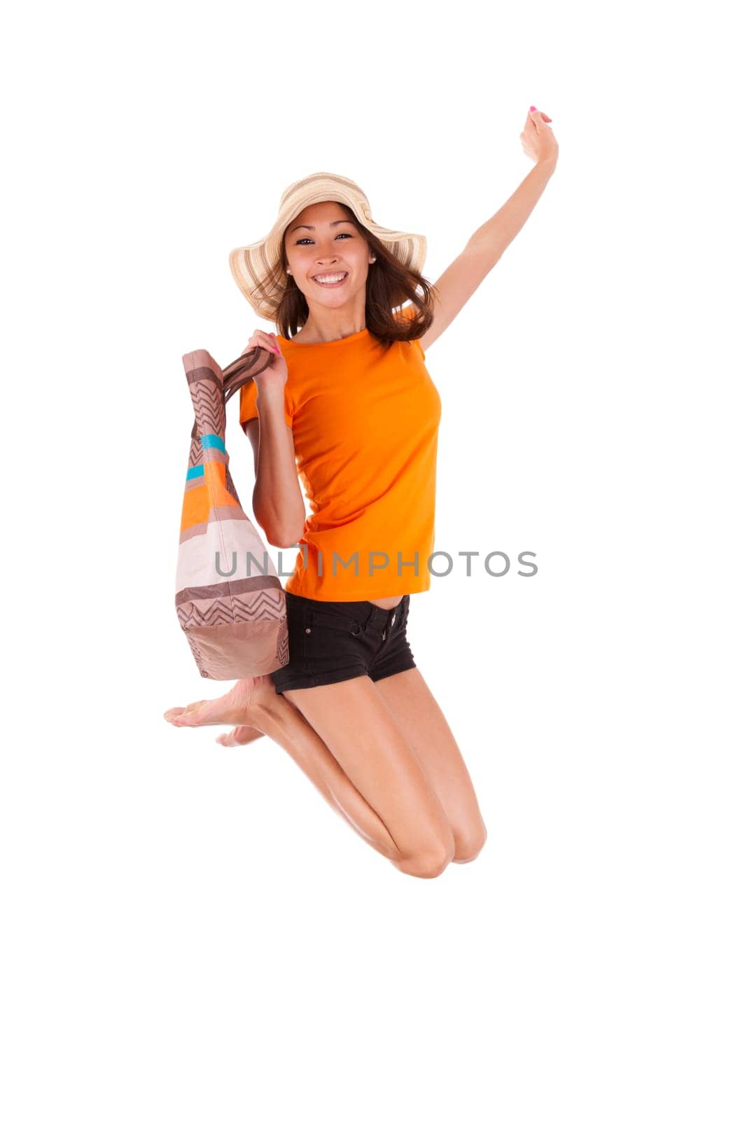Young beautiful asian woman jumping of joy, isolated on white background - Asian people