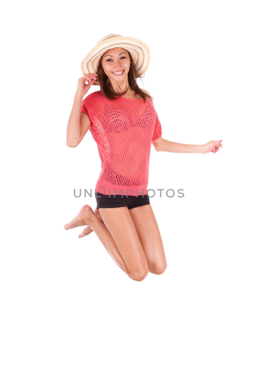 Young beautiful asian woman jumping of joy, isolated on white background - Asian people