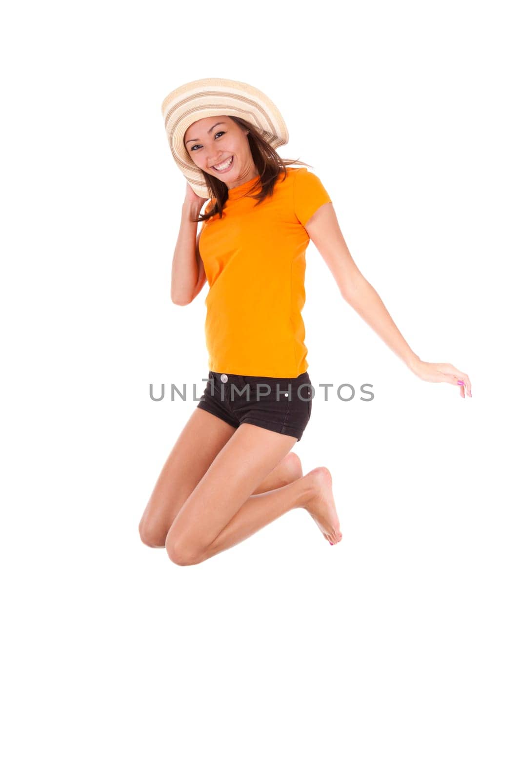 Young beautiful asian woman jumping of joy, isolated on white background - Asian people