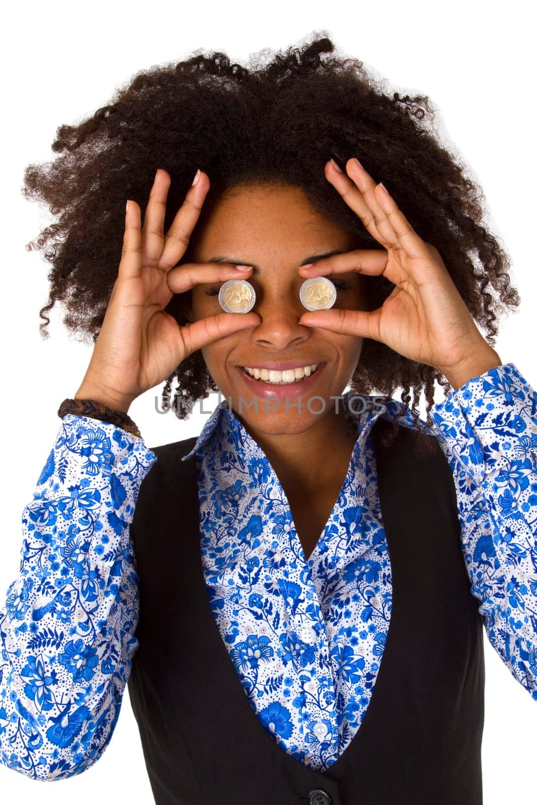 Attractive African American woman holding two Ruro coins in front of her eyes - isolated on white background