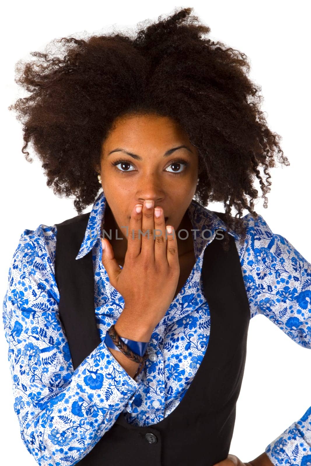 Yawning African American woman - isolated on white background