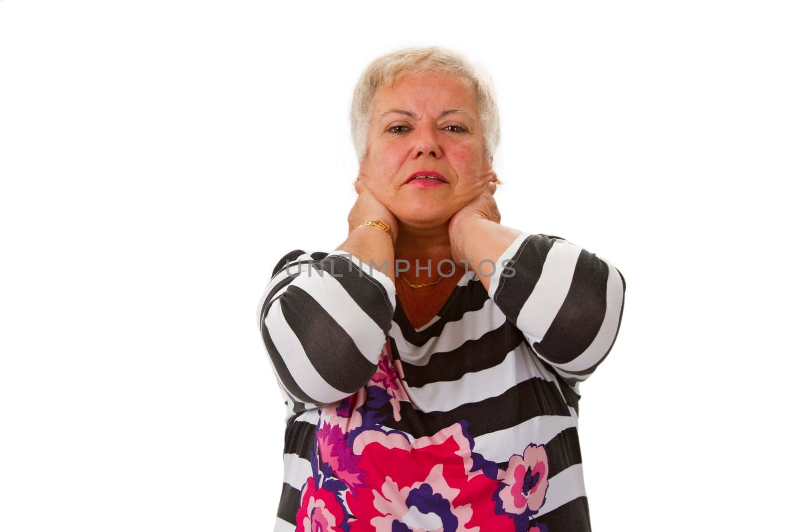 Senior woman has neck pain - isolated on white background