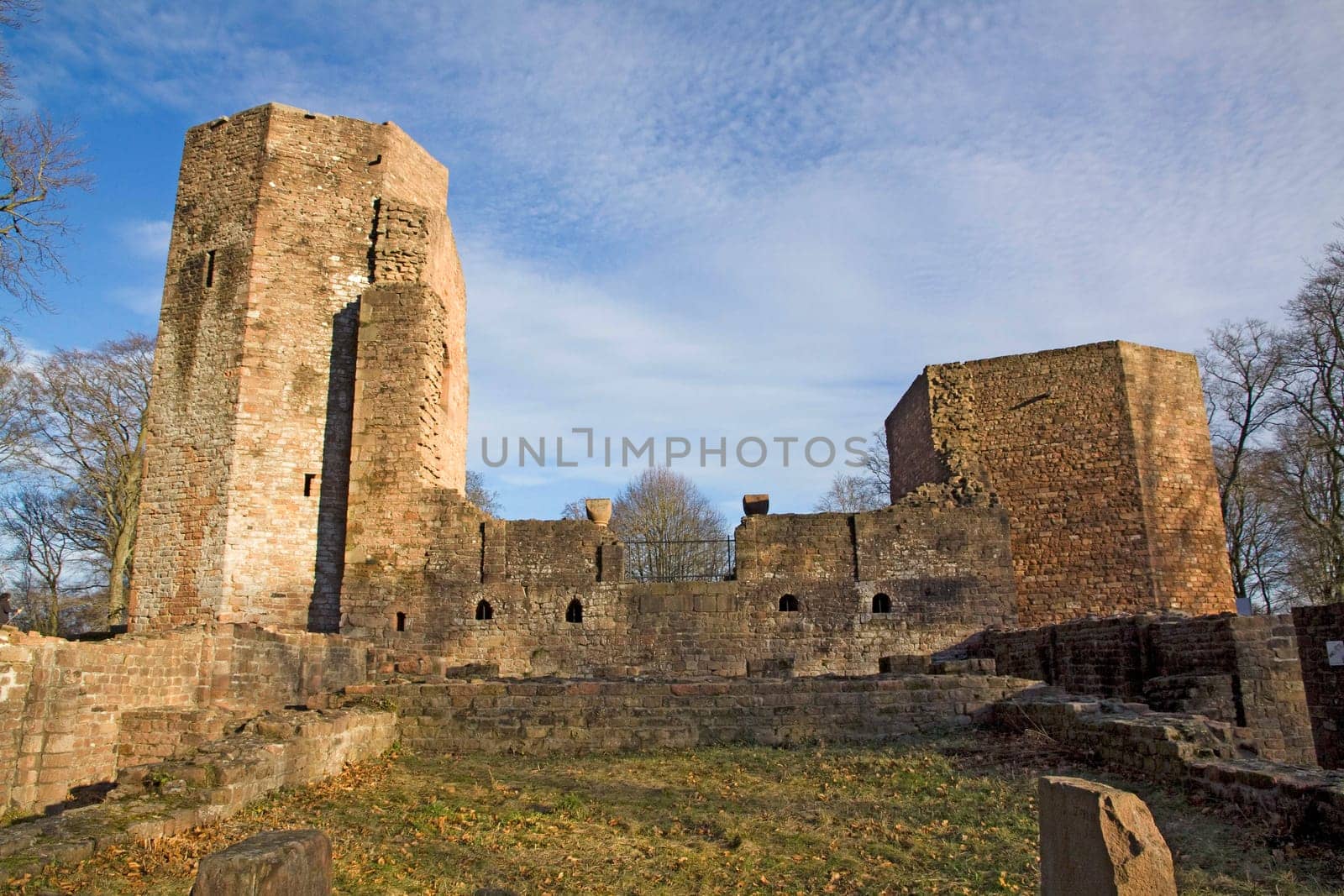 old castle, abbey ruin on a cold day with blue sky