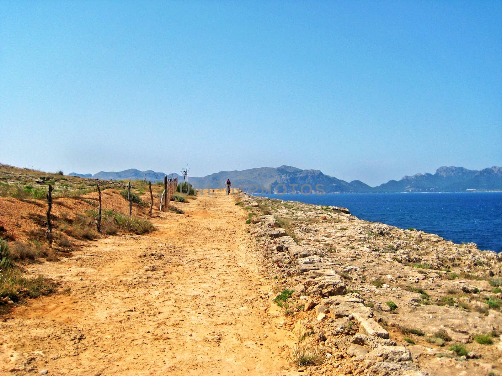 cyclist far off on a path along the coast