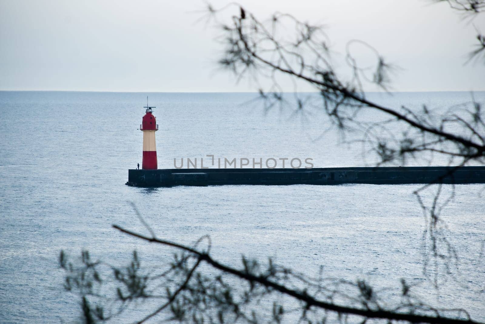 sea scape with red lighthouse and fisherman