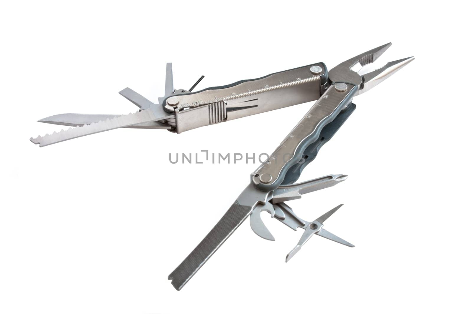 photo of  fully unfolded leatherman multitool  isolated on white background