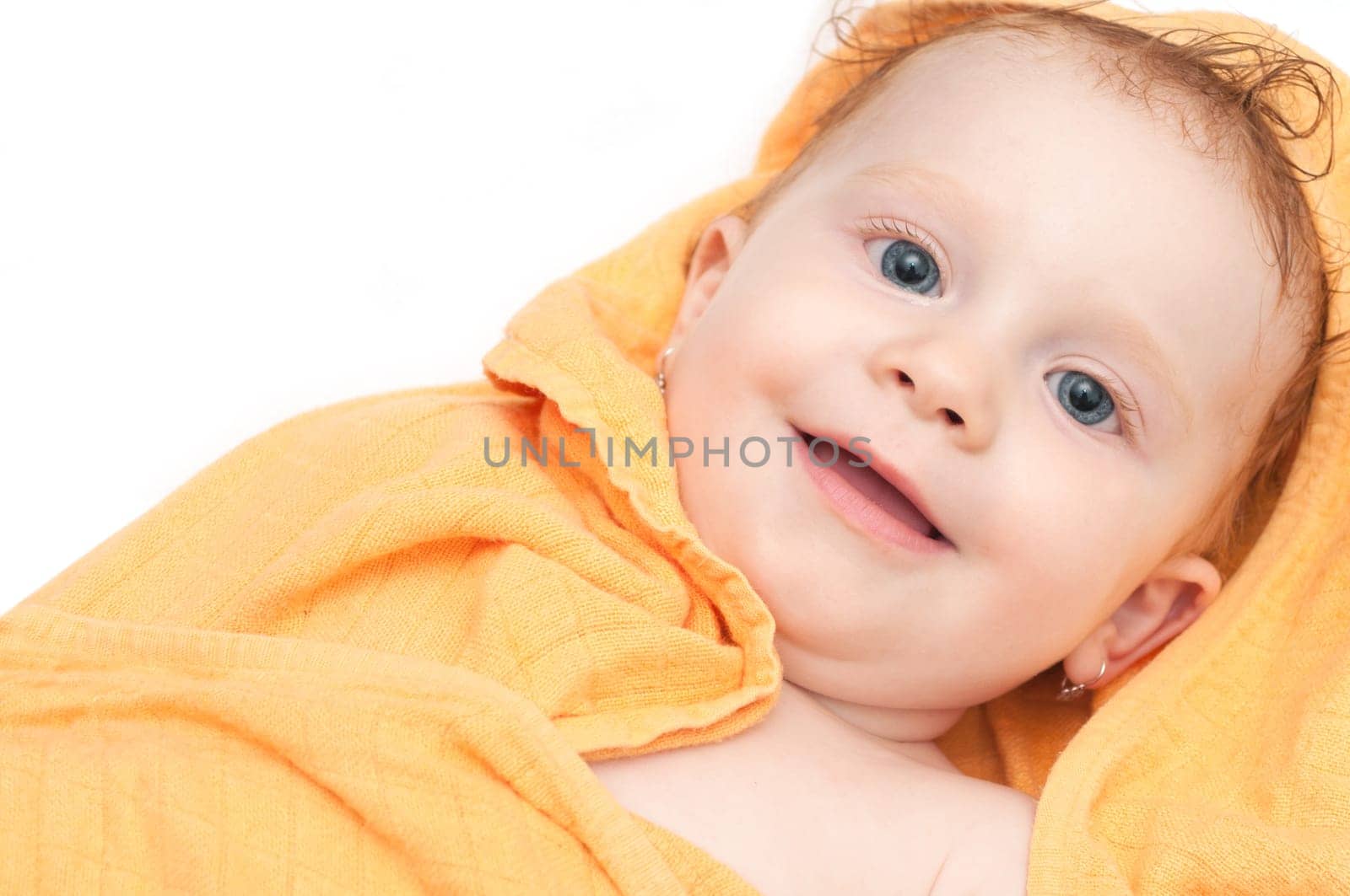 Cute Baby Girl After Bath - In Orange Towel