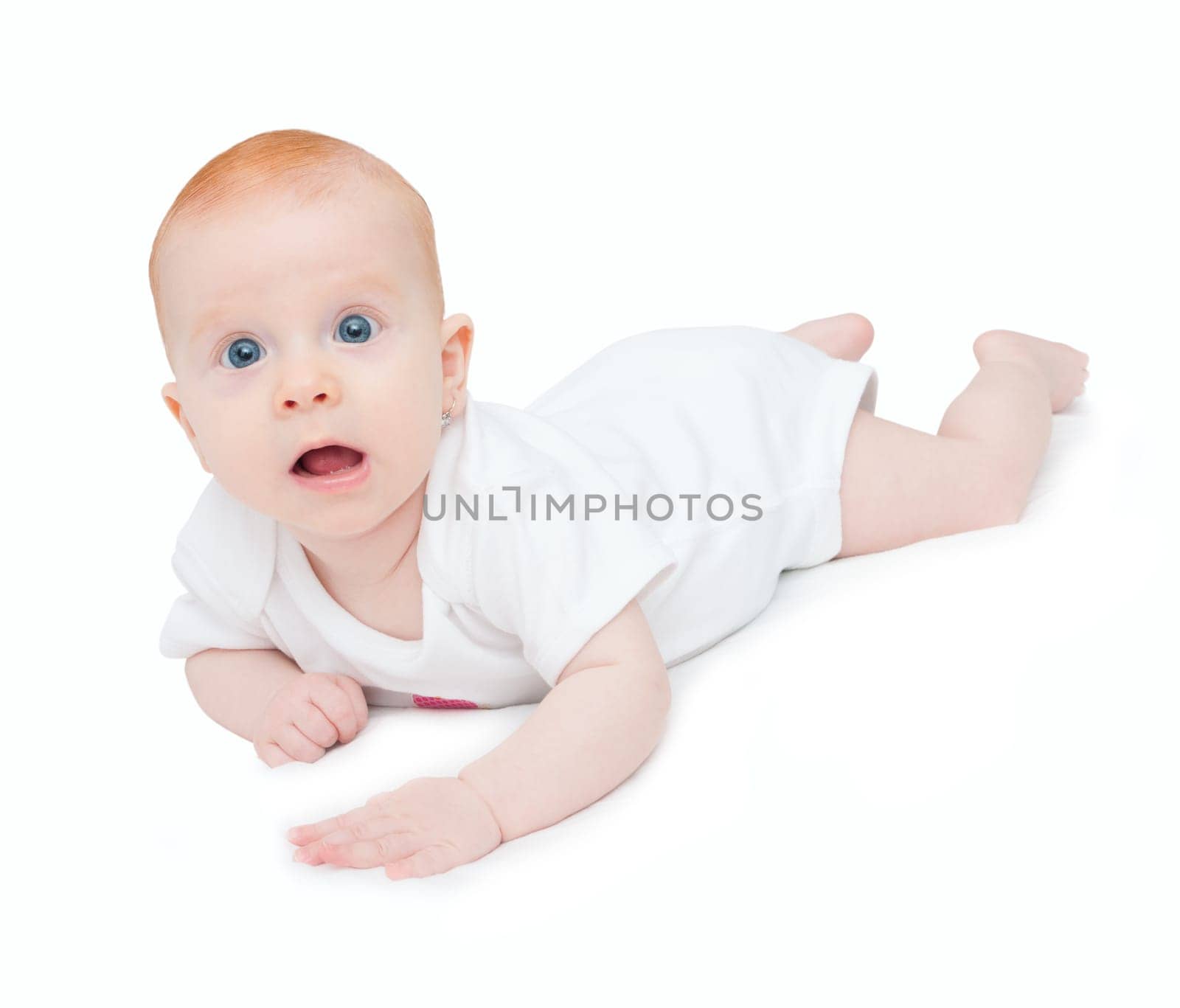 Cute Baby Girl Lying on Front on White Background