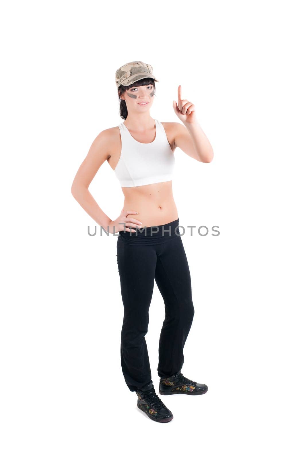 Shoot of fitness instructor in military style isolated on white