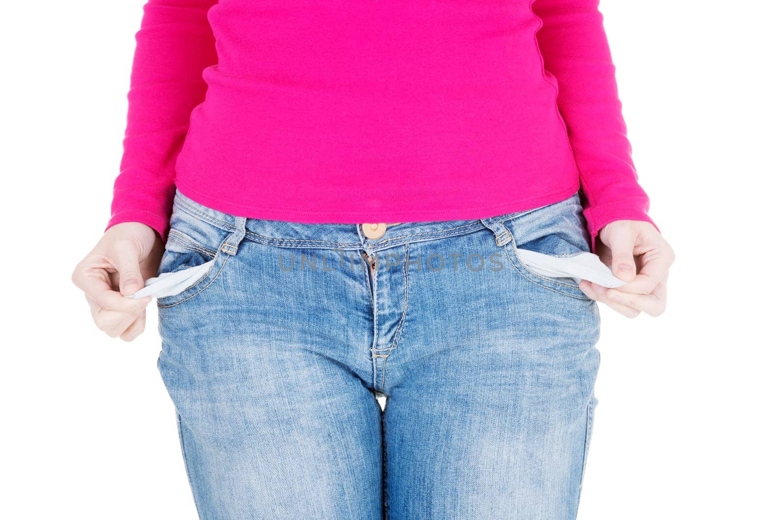 Woman with empty pockets, isolated on white