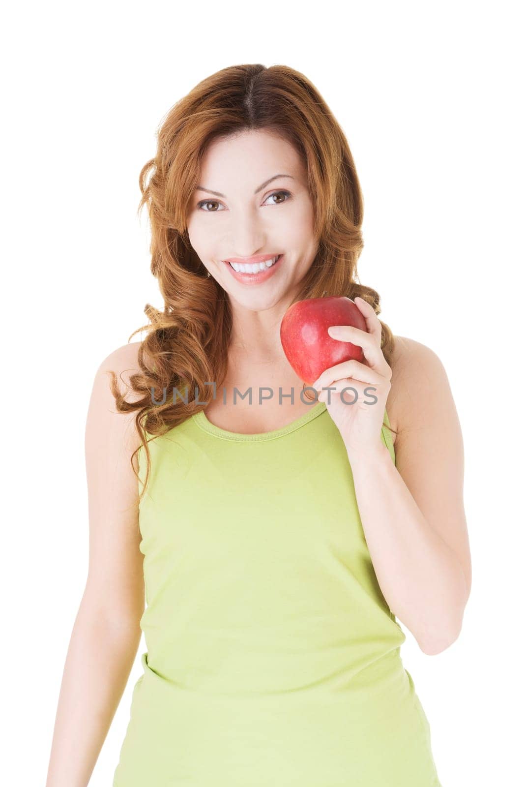 Beautiful woman with red fresh apple.