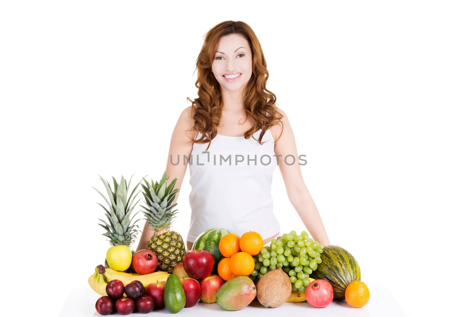 Beautiful woman with fruits, isolated on white