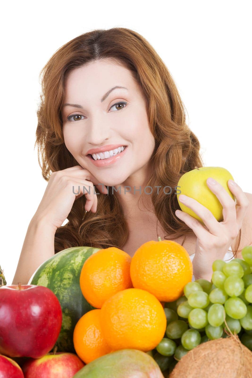 Beautiful woman with fruits, isolated on white