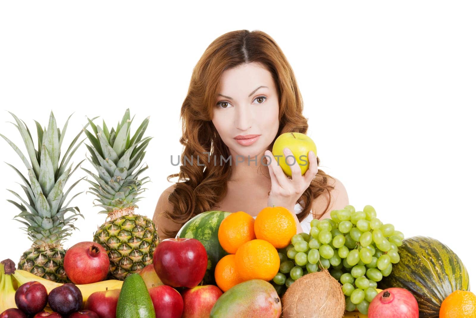 Beautiful woman with fruits, isolated on white