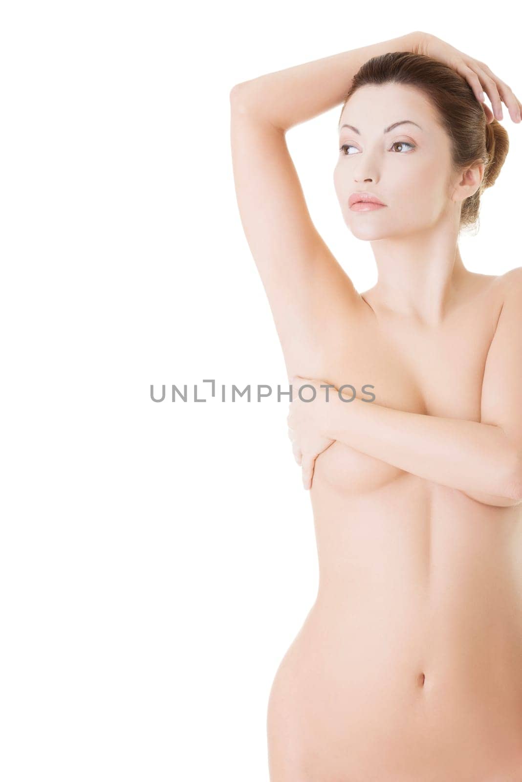Beautiful fit topless woman, isolated on white