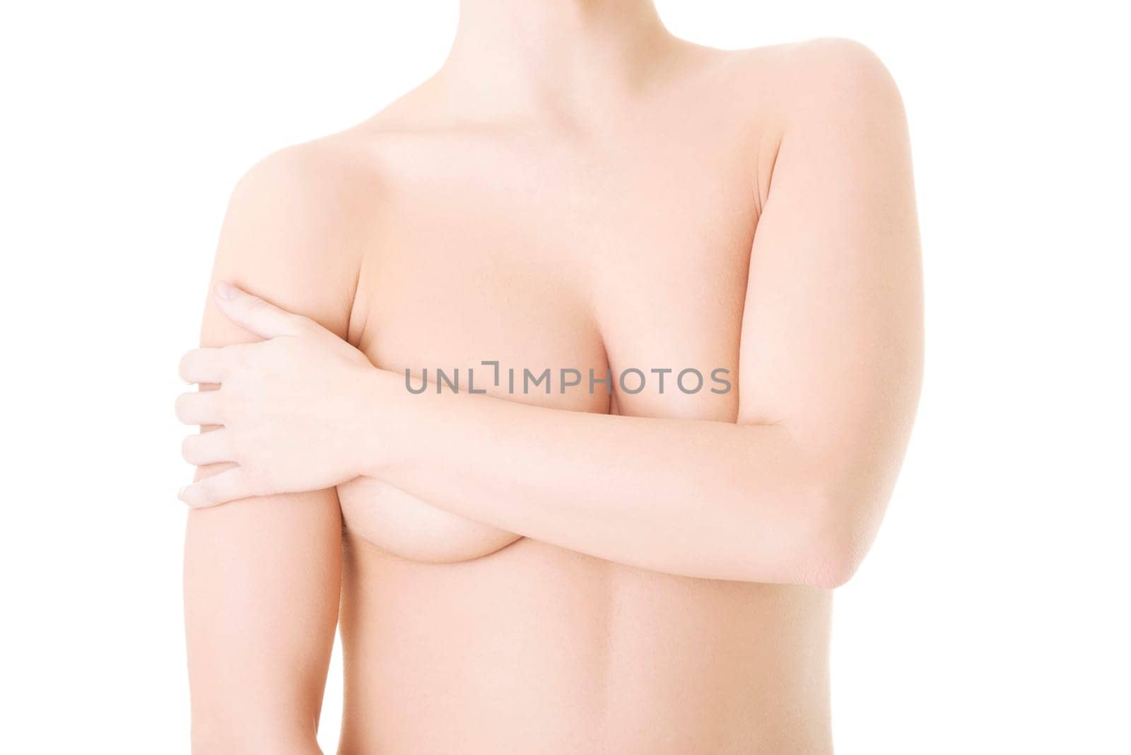Beautiful fit topless woman, isolated on white