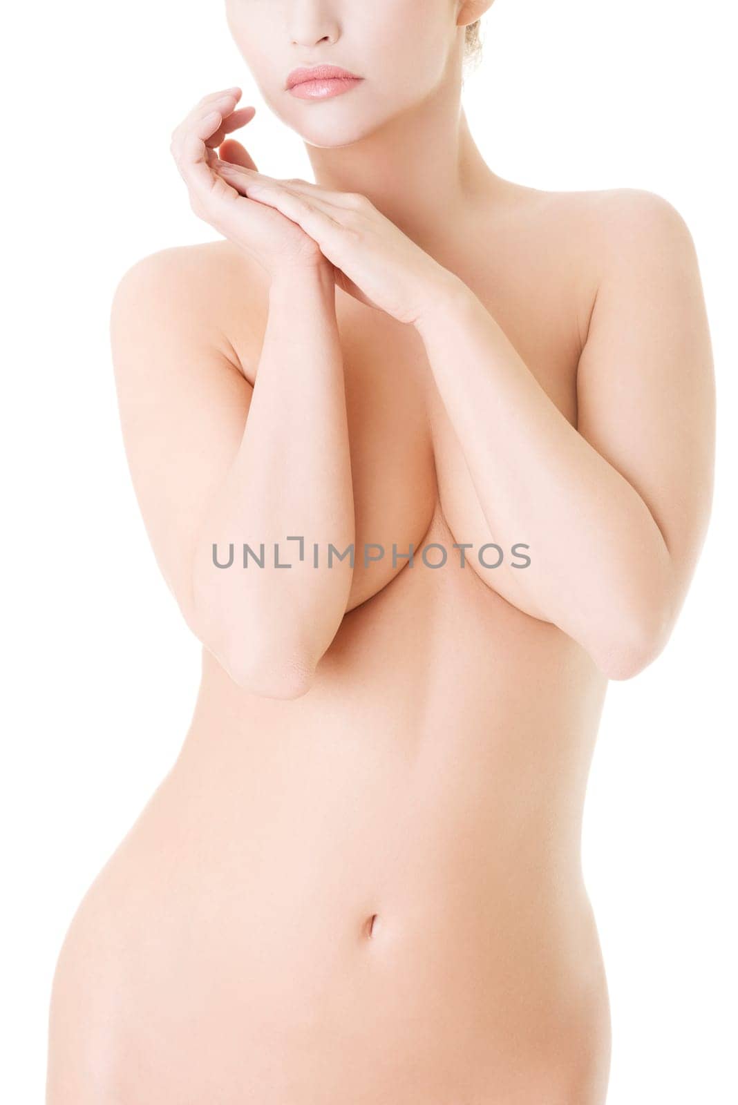 Beautiful fit topless woman, isolated on white