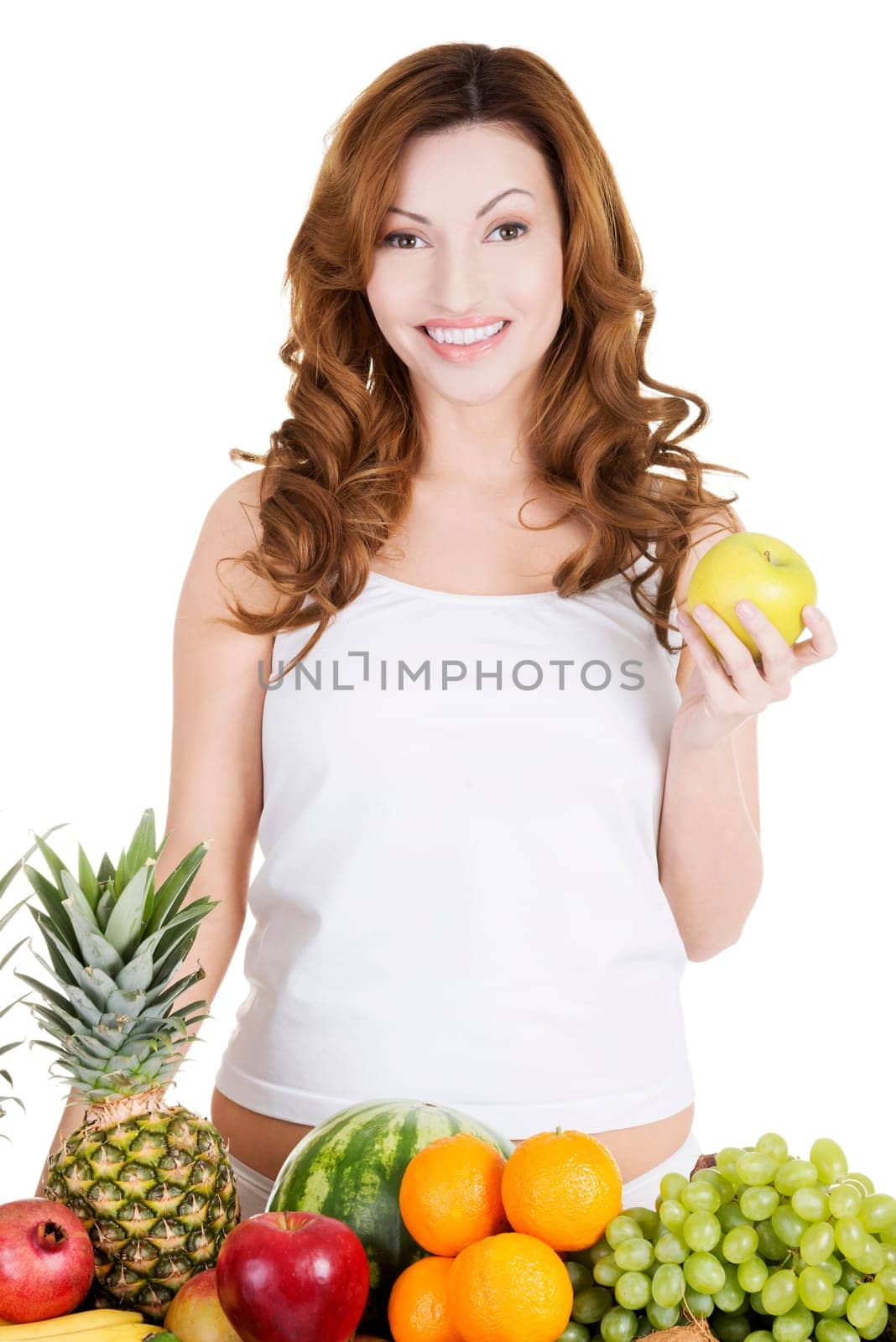 Beautiful woman with fruits, isolated on white