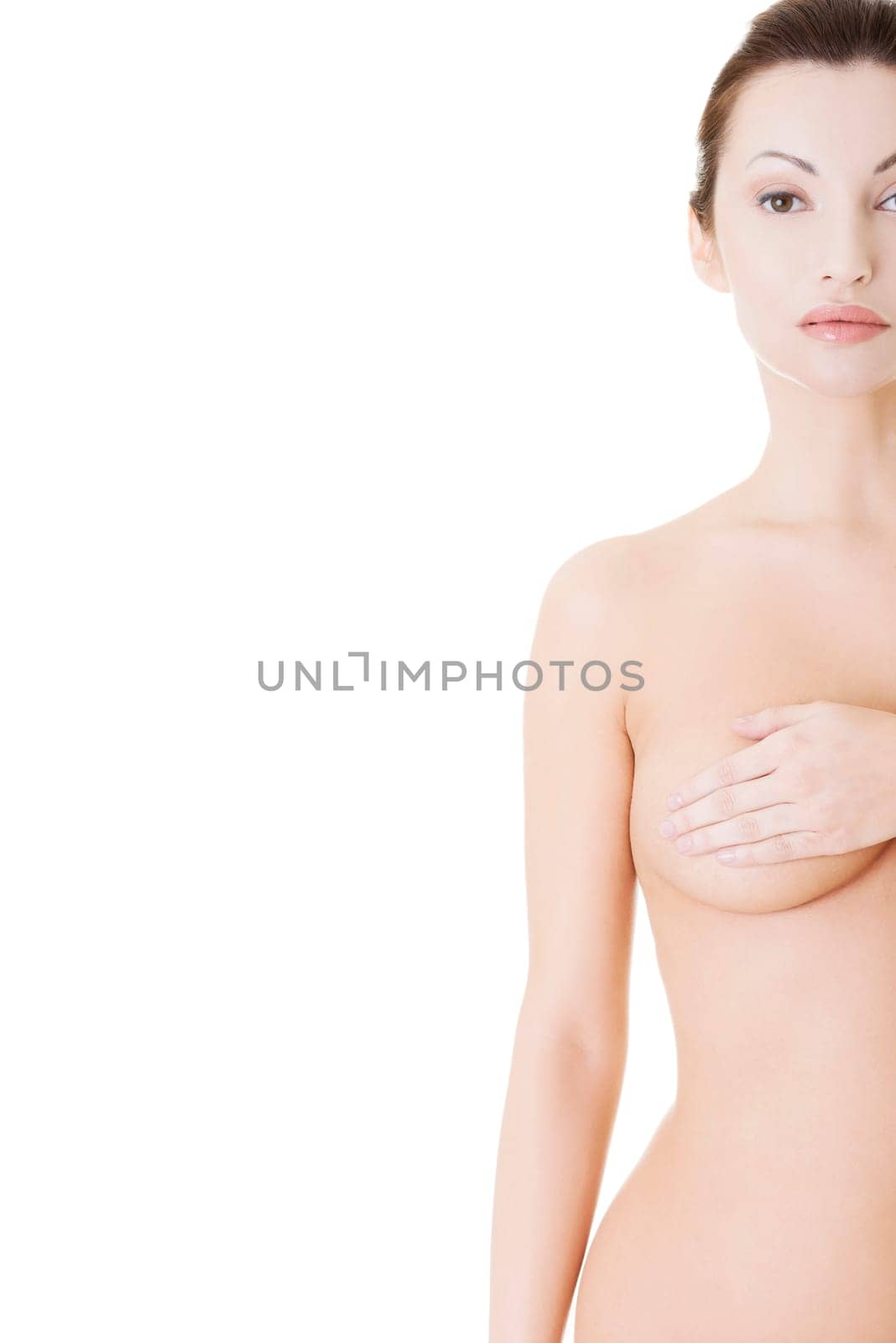 Beautiful fit topless woman, isolated on white