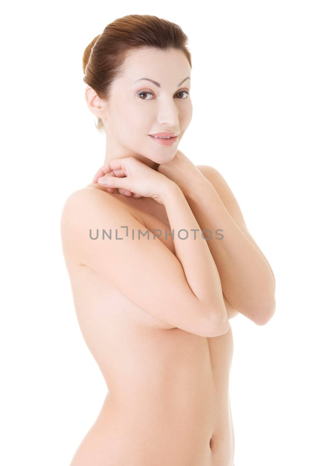 Beautiful fit topless woman, isolated on white