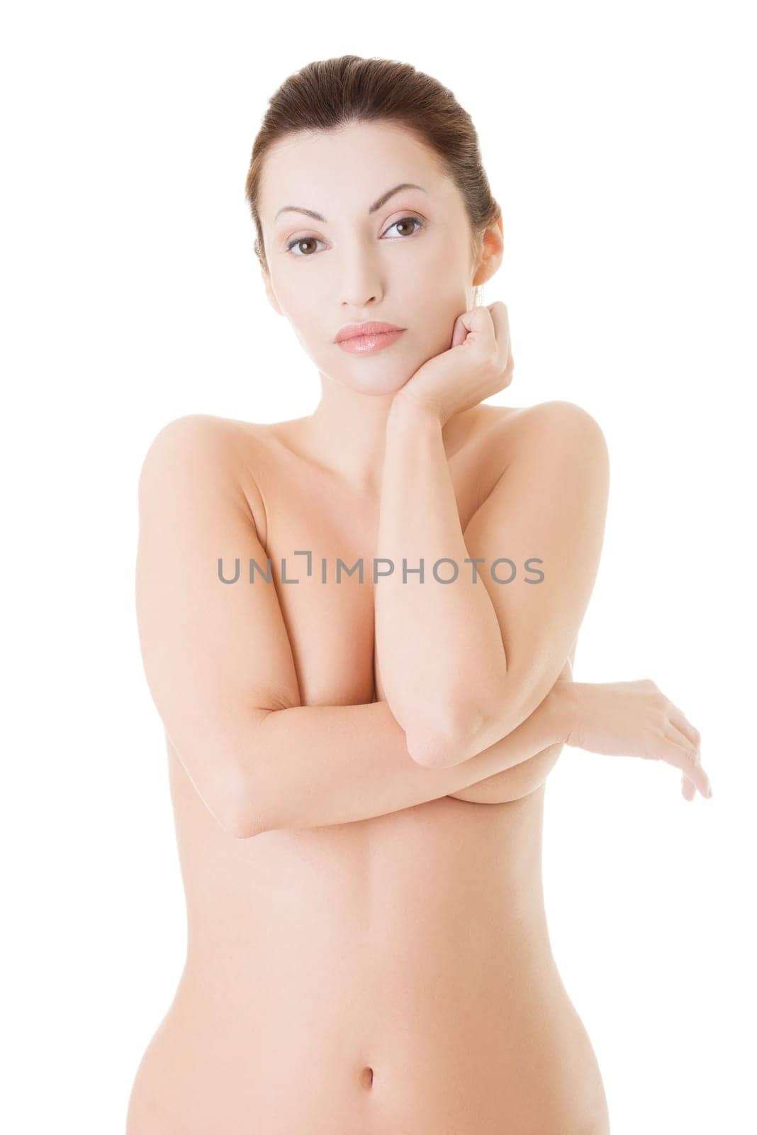 Beautiful fit topless woman, isolated on white