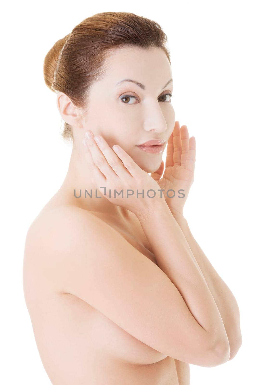 Beautiful fit topless woman, isolated on white