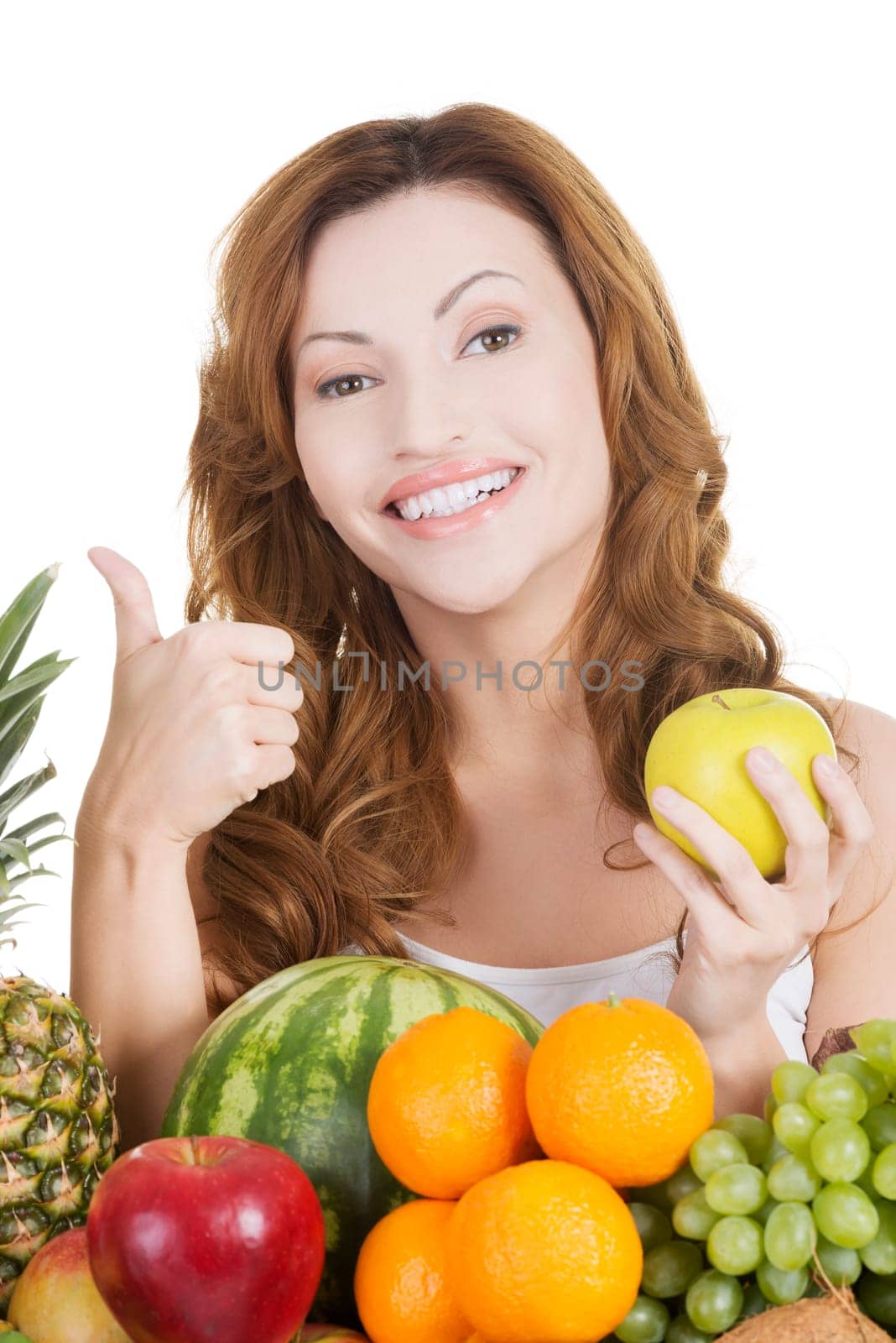 Beautiful woman with fruits, isolated on white