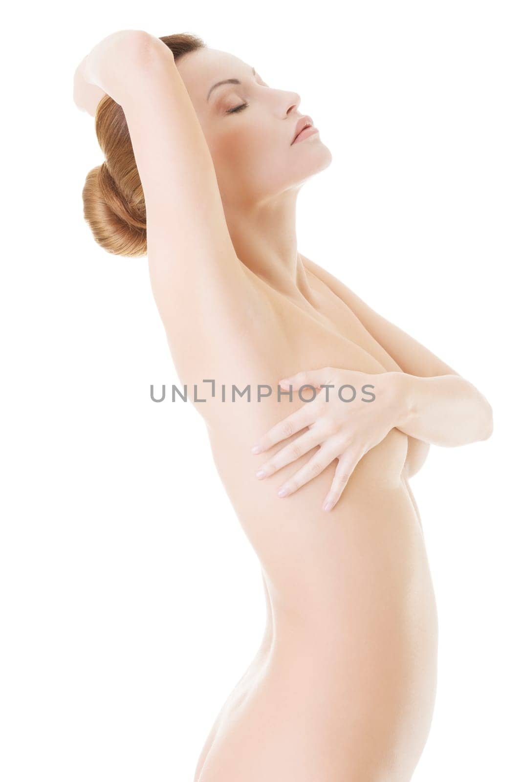 Beautiful fit topless woman, isolated on white